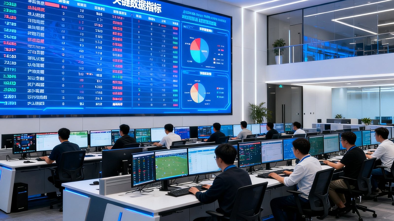 小艾电竞位于上海浦东张江高科技园区的总部办公区，开放式工位上数十位数据分析师正在多屏幕前监控全球赛事数据流，墙面上巨大的LED屏幕实时滚动着各赛区比赛进度和关键数据指标，环境充满现代科技公司氛围。