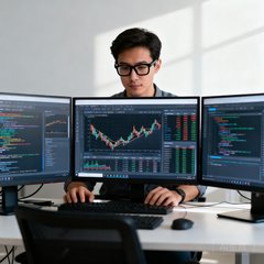 一位戴着黑框眼镜的男性数据分析师，面对三块显示器屏幕认真工作的正面照，屏幕上显示着复杂的数据图表和代码界面。