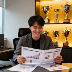 一位穿着休闲西装、面带微笑的电竞俱乐部经理，坐在办公室内翻阅数据报告，身后展示着俱乐部获得的多个奖杯。